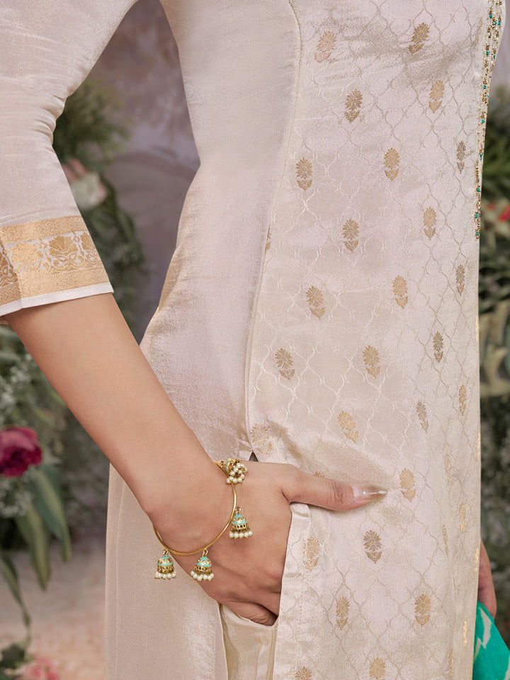 Cream Tissue Jacquard Kurta Set with Teal Green Contrast Digital Print Dupatta