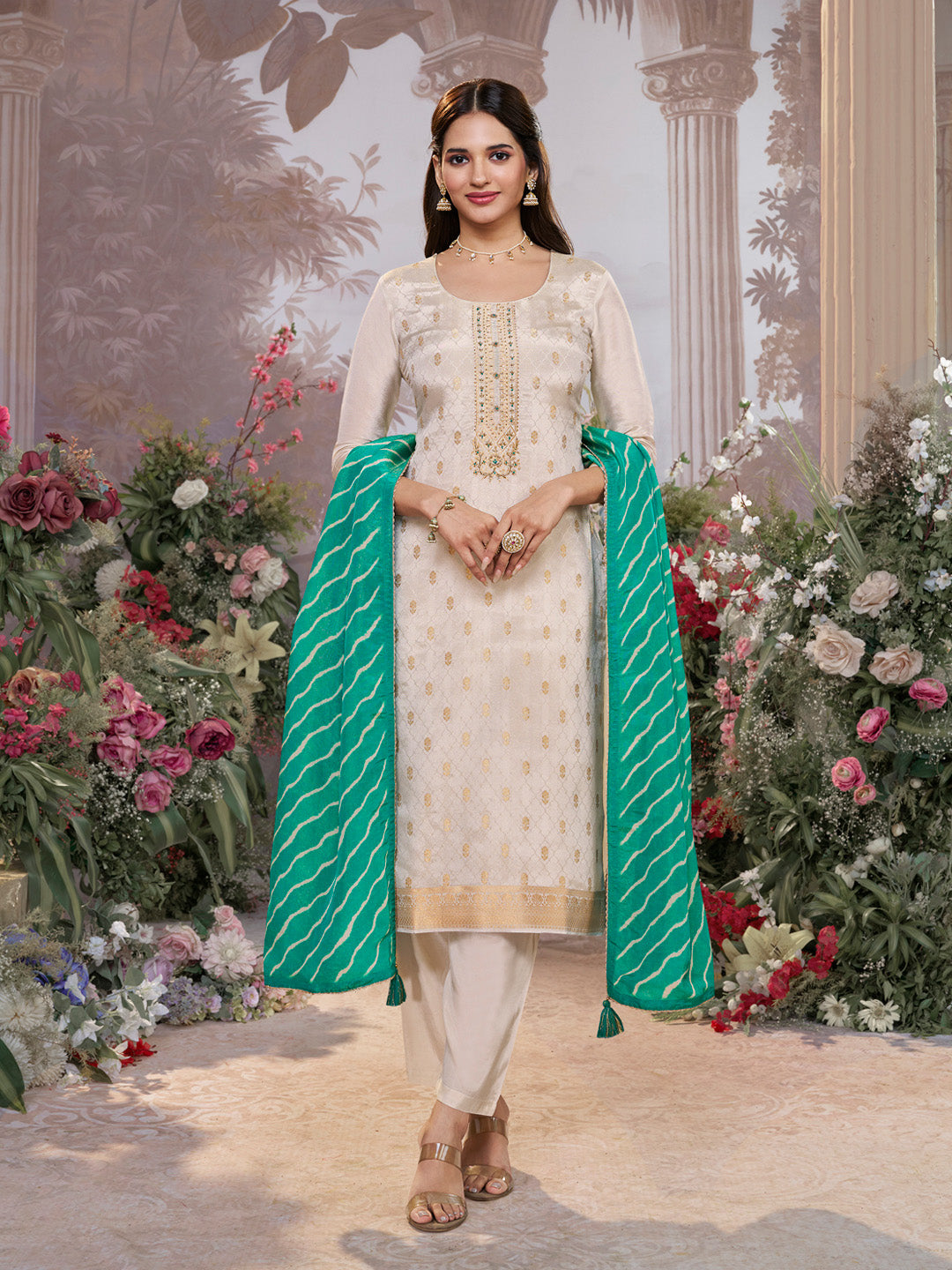 Cream Tissue Jacquard Kurta Set with Teal Green Contrast Digital Print Dupatta