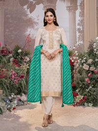 Cream Tissue Jacquard Kurta Set with Teal Green Contrast Digital Print Dupatta