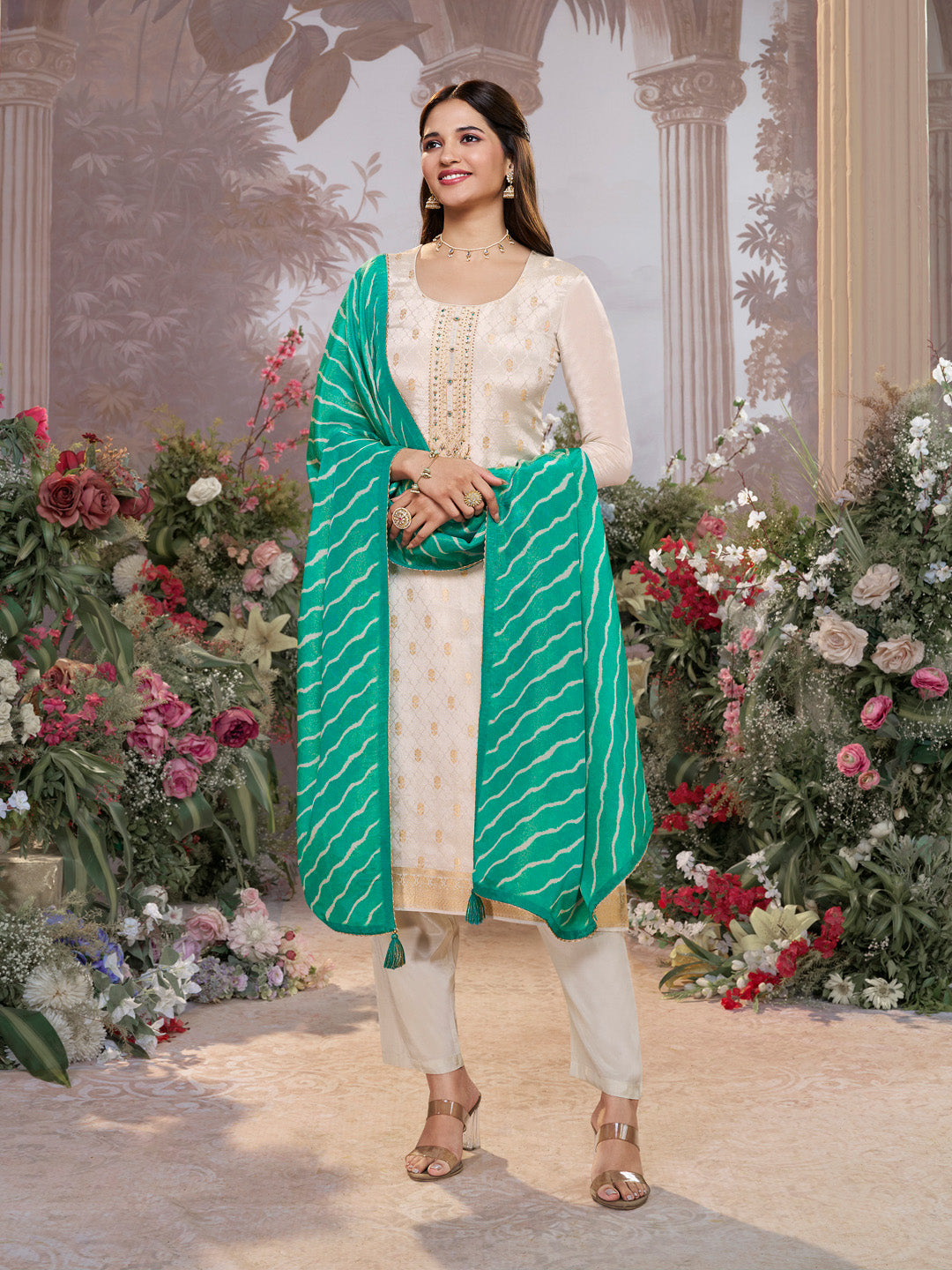 Cream Tissue Jacquard Kurta Set with Teal Green Contrast Digital Print Dupatta
