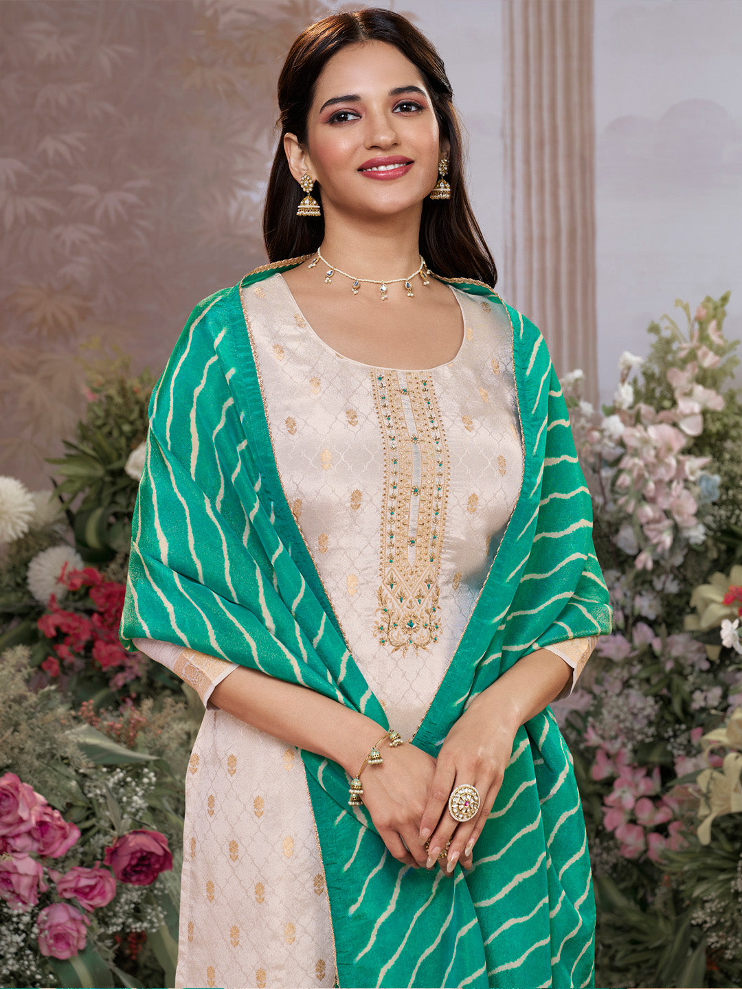 Cream Tissue Jacquard Kurta Set with Teal Green Contrast Digital Print Dupatta