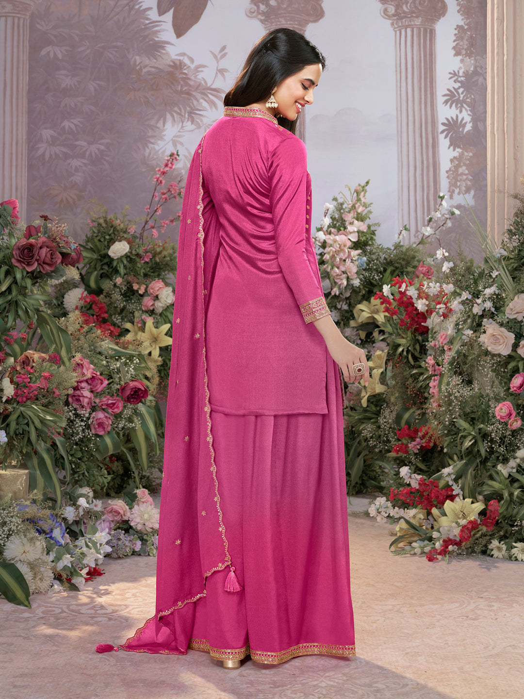 Pink Chinon Kurta Set with Heavy Jacquard Work Paired with Chinon Dupatta with Embroidered Work.