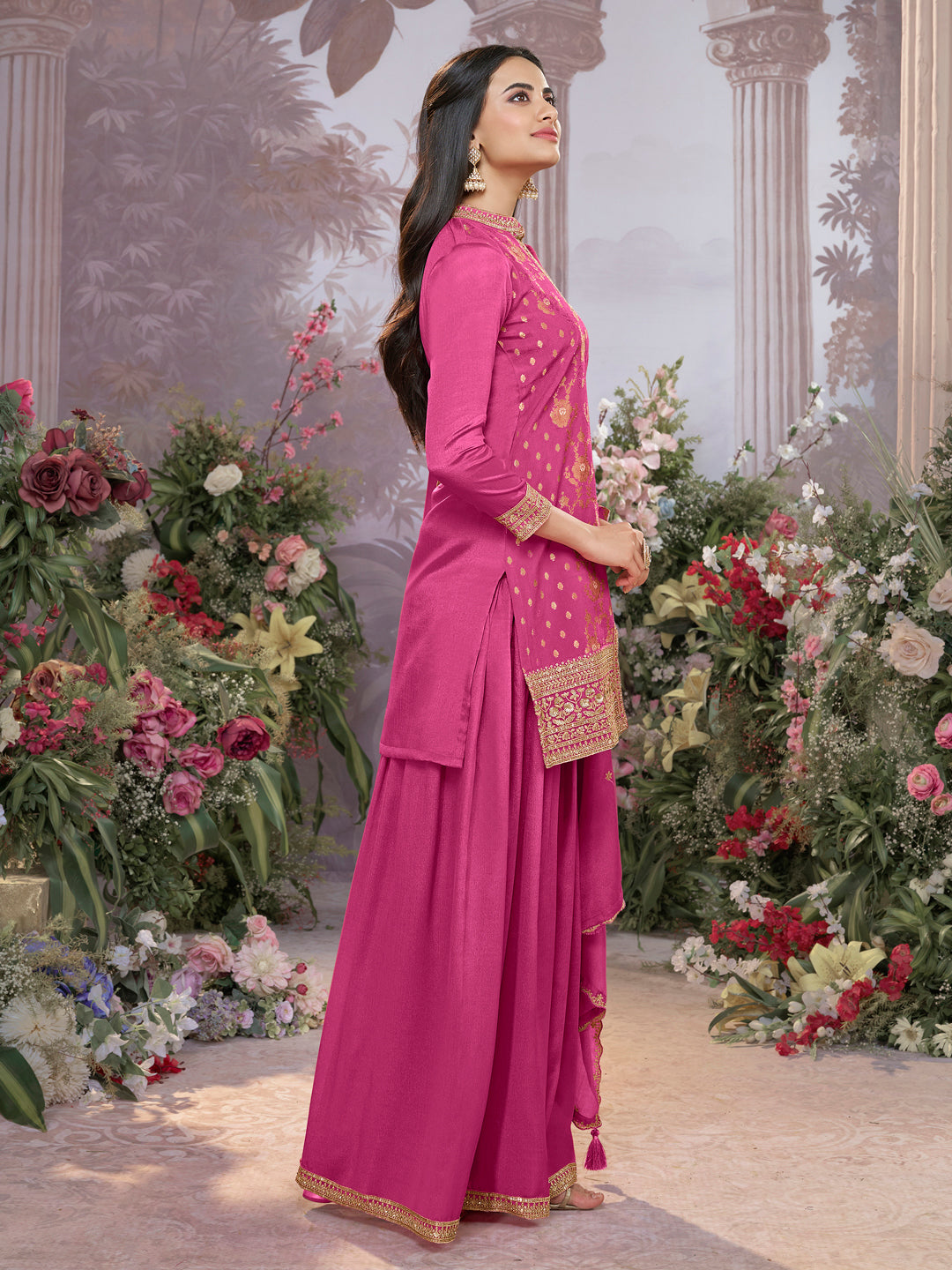 Pink Chinon Kurta Set with Heavy Jacquard Work Paired with Chinon Dupatta with Embroidered Work.