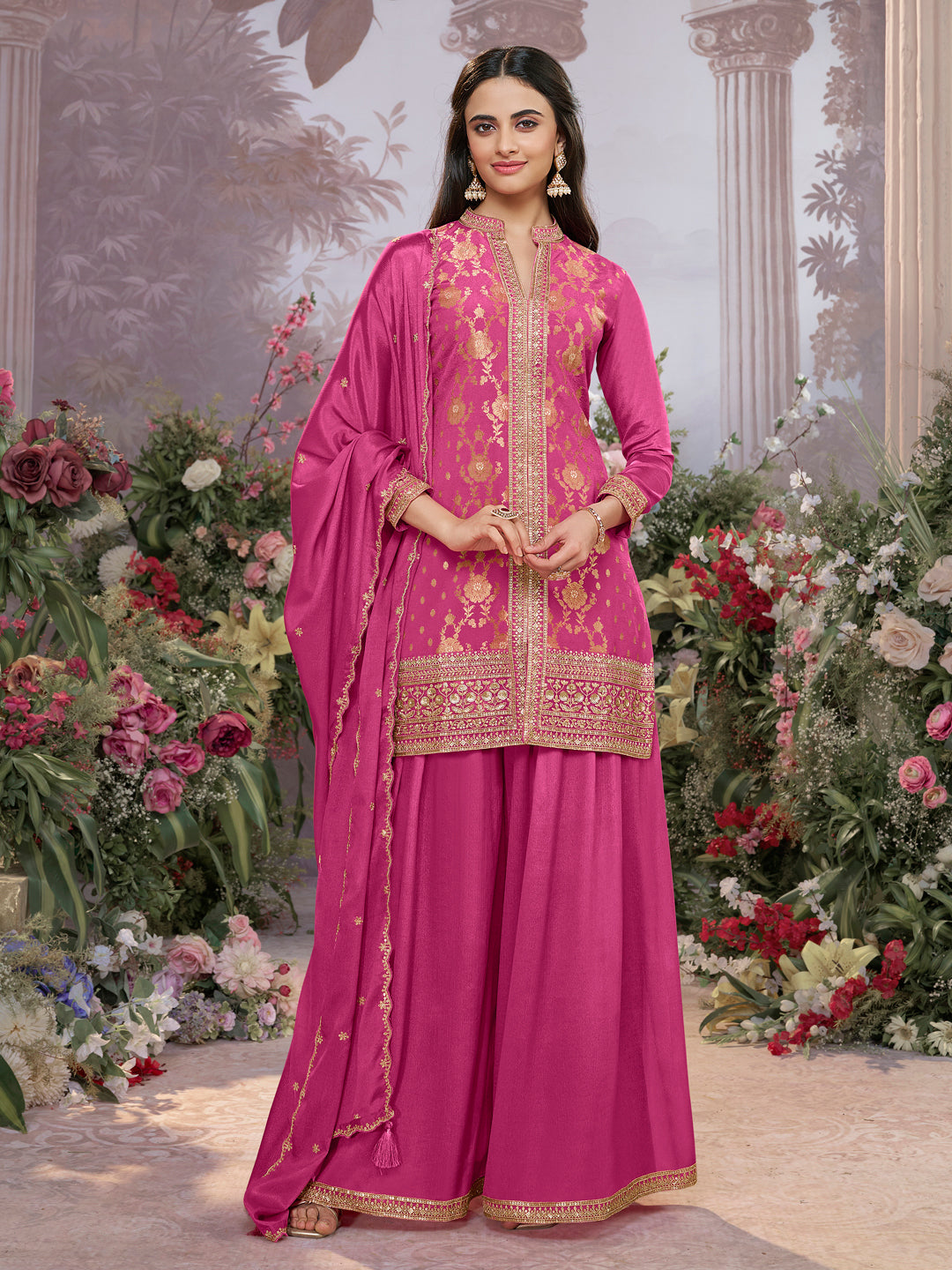 Pink Chinon Kurta Set with Heavy Jacquard Work Paired with Chinon Dupatta with Embroidered Work.