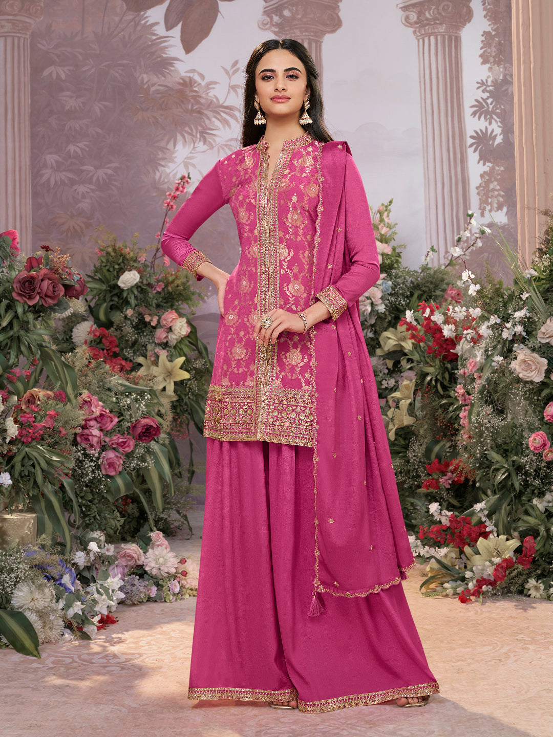 Pink Chinon Kurta Set with Heavy Jacquard Work Paired with Chinon Dupatta with Embroidered Work.