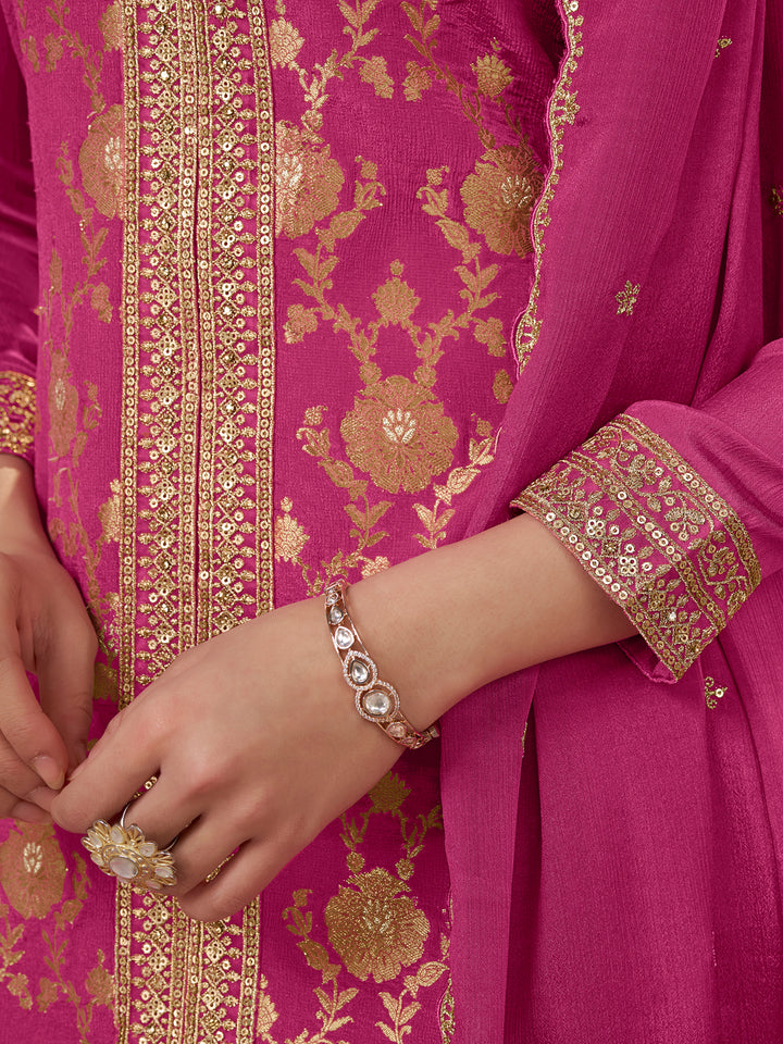 Pink Chinon Kurta Set with Heavy Jacquard Work Paired with Chinon Dupatta with Embroidered Work.