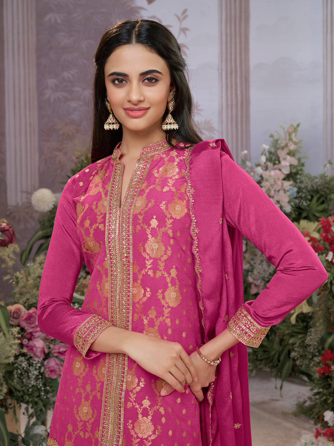Pink Chinon Kurta Set with Heavy Jacquard Work Paired with Chinon Dupatta with Embroidered Work.