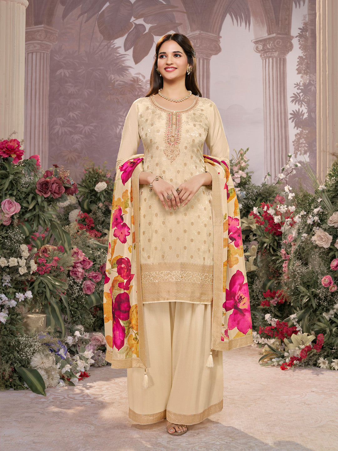 Off-White Dola Silk Jacquard & Embroidery Sharara Set with Digital Print Dola Silk Dupatta