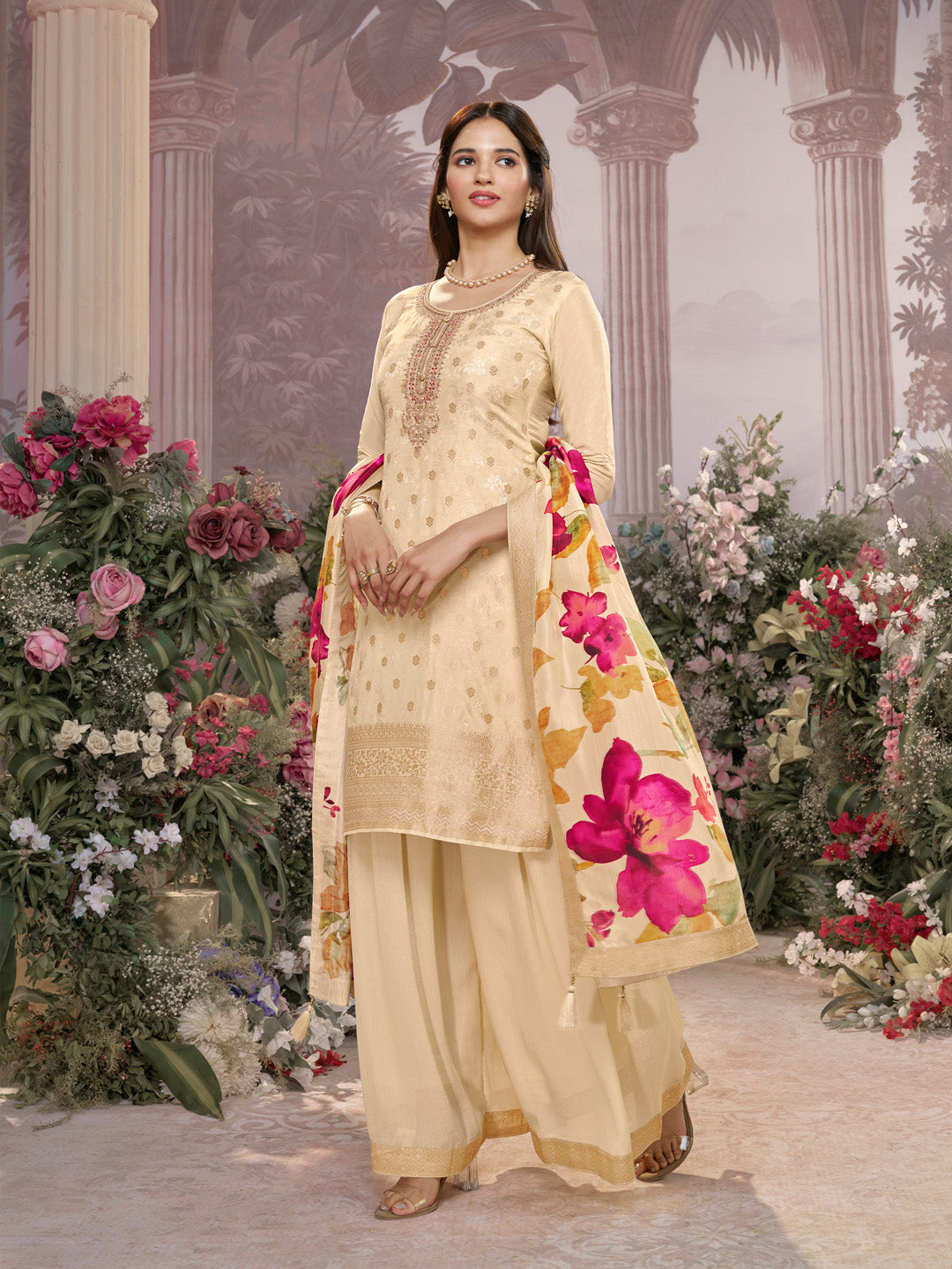 Off-White Dola Silk Jacquard & Embroidery Sharara Set with Digital Print Dola Silk Dupatta