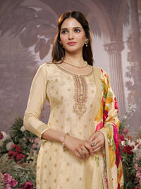 Off-White Dola Silk Jacquard & Embroidery Sharara Set with Digital Print Dola Silk Dupatta