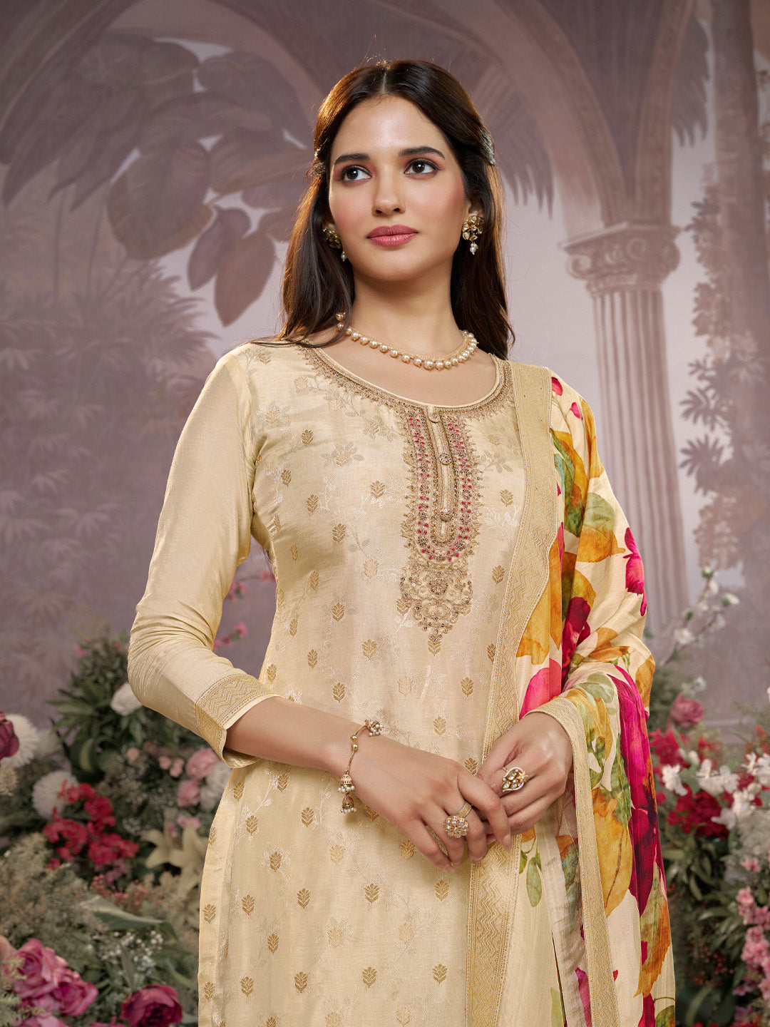Off-White Dola Silk Jacquard & Embroidery Sharara Set with Digital Print Dola Silk Dupatta
