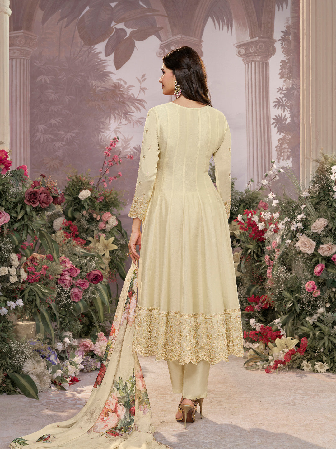 Off-White Vichitra Silk Embroidered Anarkali Set with Digital Printed Chiffon Dupatta