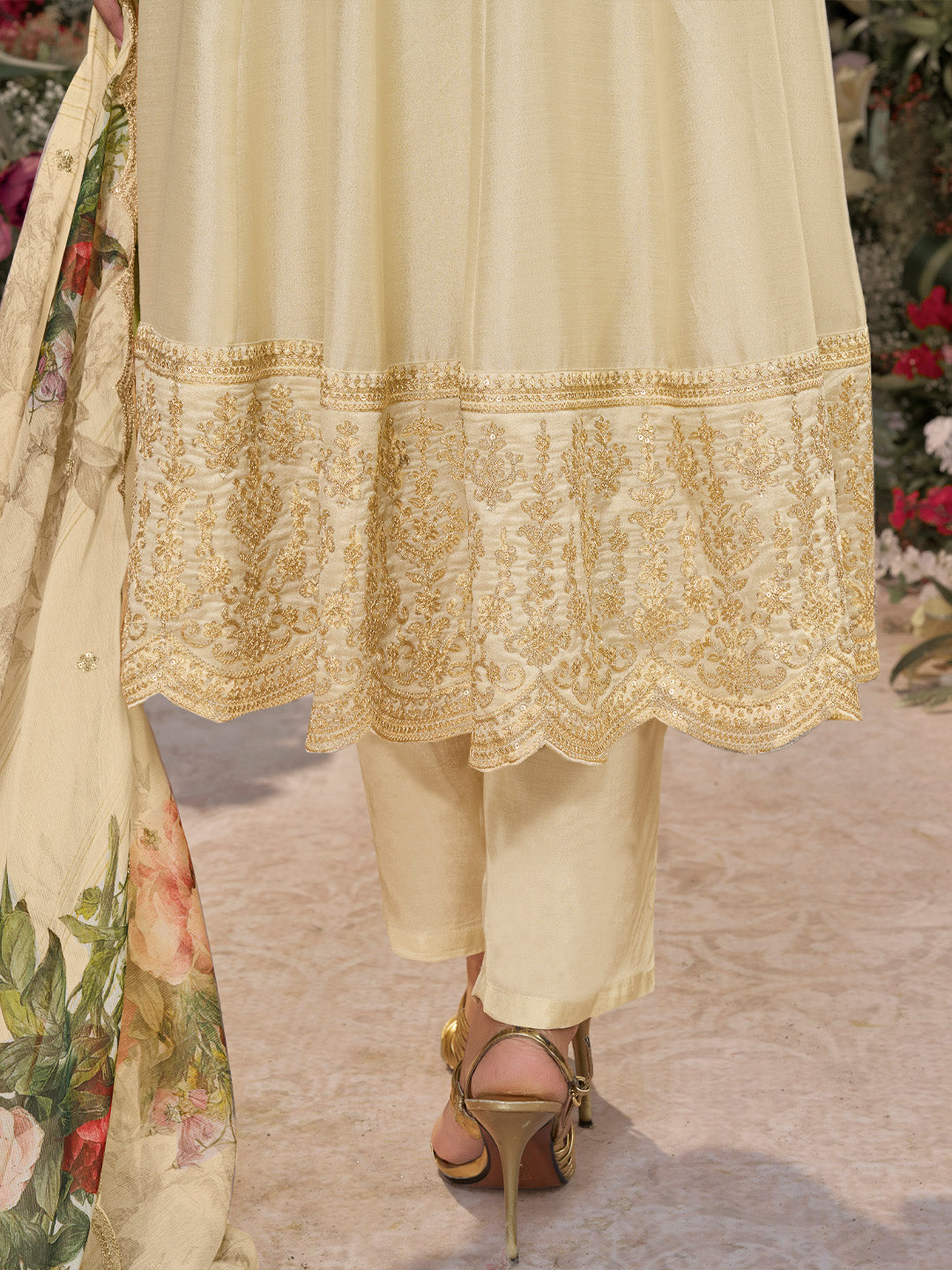Off-White Vichitra Silk Embroidered Anarkali Set with Digital Printed Chiffon Dupatta