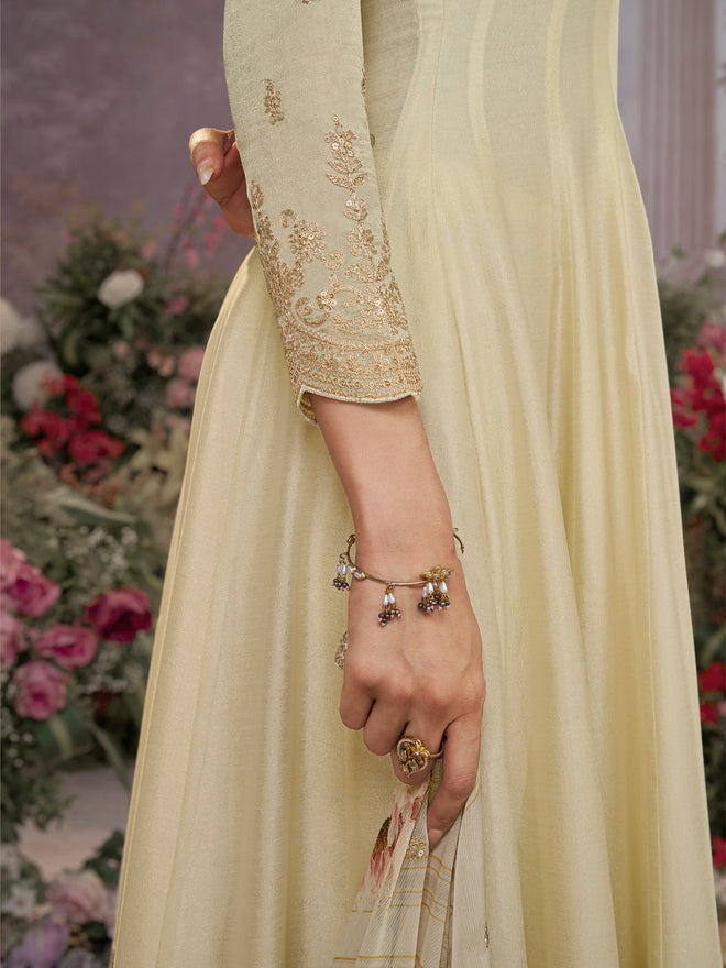 Off-White Vichitra Silk Embroidered Anarkali Set with Digital Printed Chiffon Dupatta