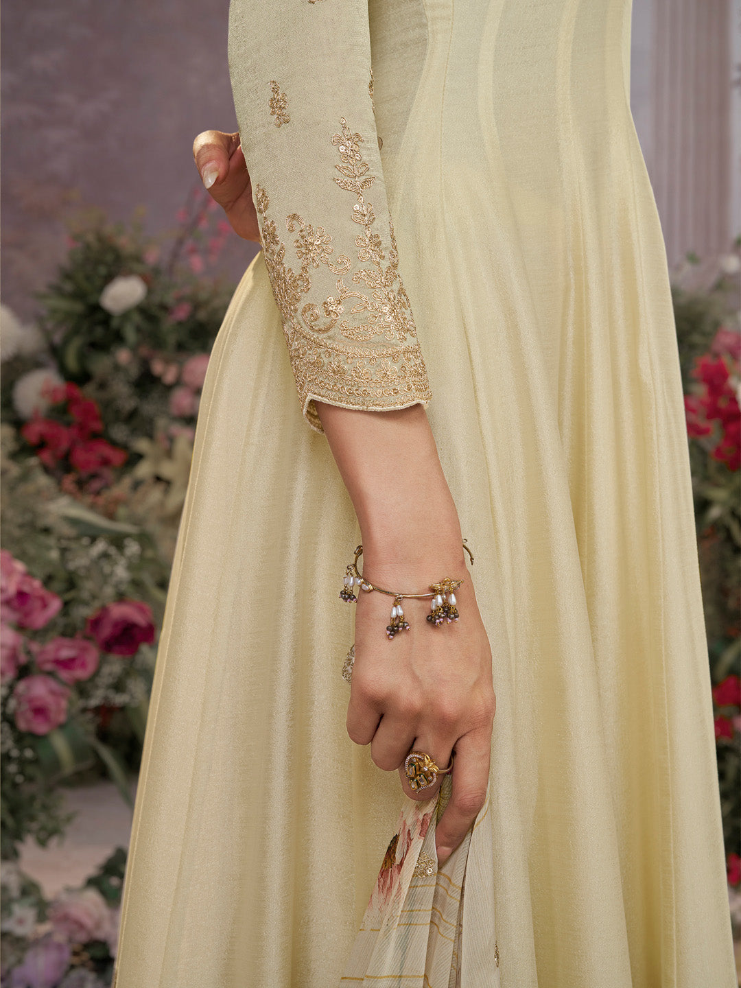 Off-White Vichitra Silk Embroidered Anarkali Set with Digital Printed Chiffon Dupatta