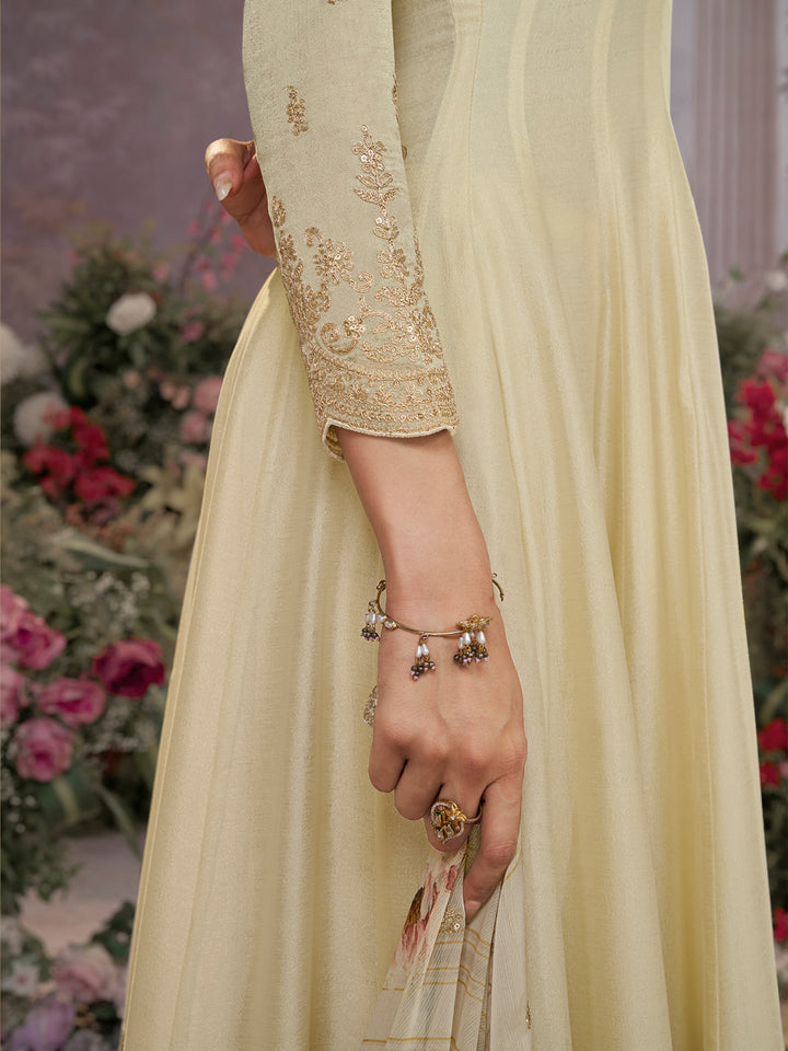 Off-White Vichitra Silk Embroidered Anarkali Set with Digital Printed Chiffon Dupatta