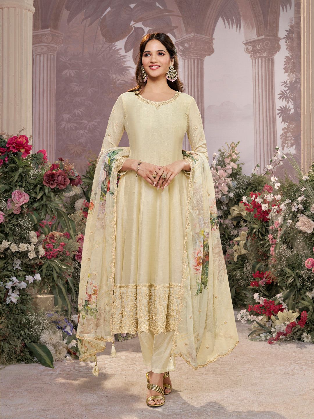 Off-White Vichitra Silk Embroidered Anarkali Set with Digital Printed Chiffon Dupatta