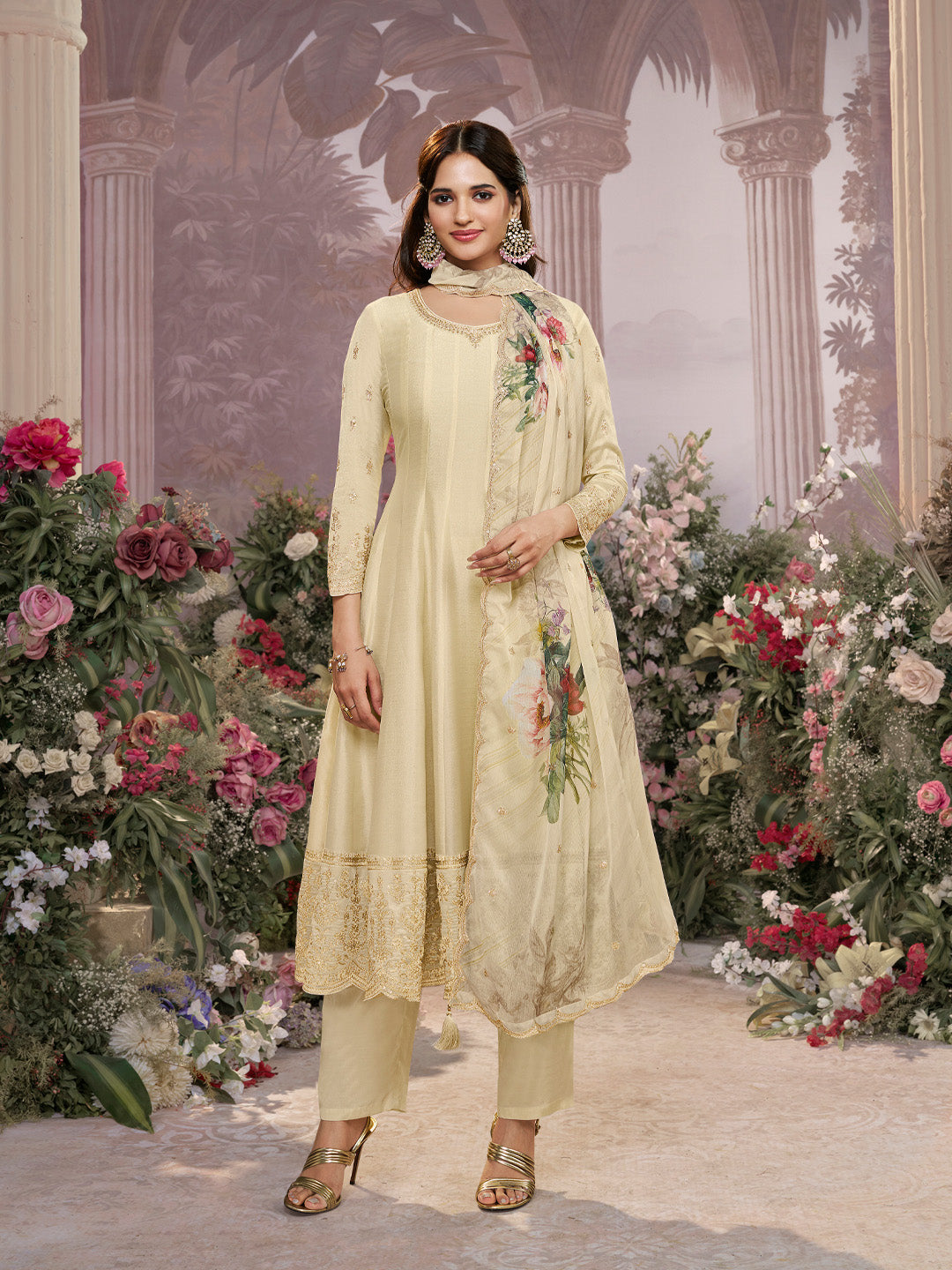 Off-White Vichitra Silk Embroidered Anarkali Set with Digital Printed Chiffon Dupatta