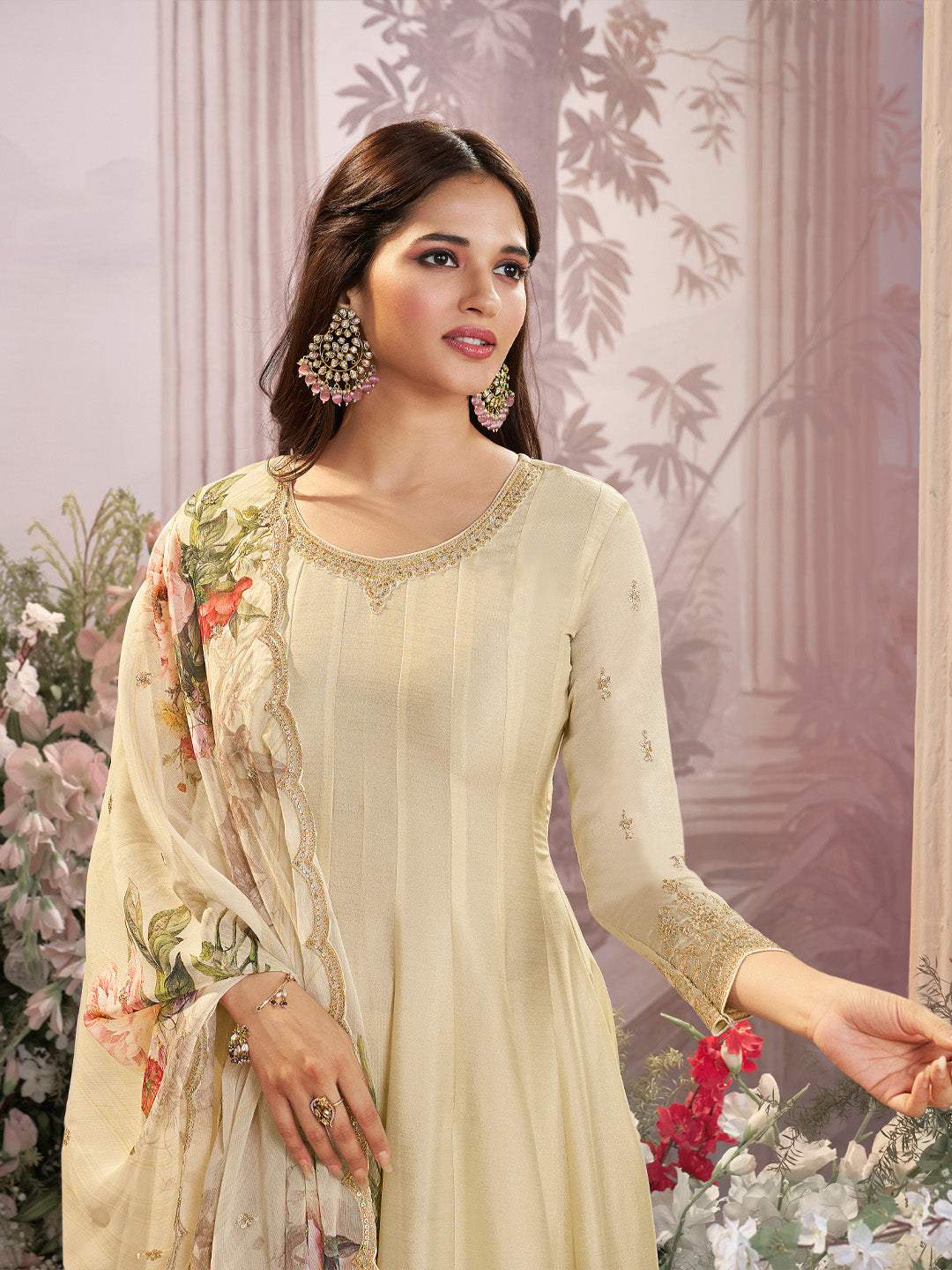 Off-White Vichitra Silk Embroidered Anarkali Set with Digital Printed Chiffon Dupatta
