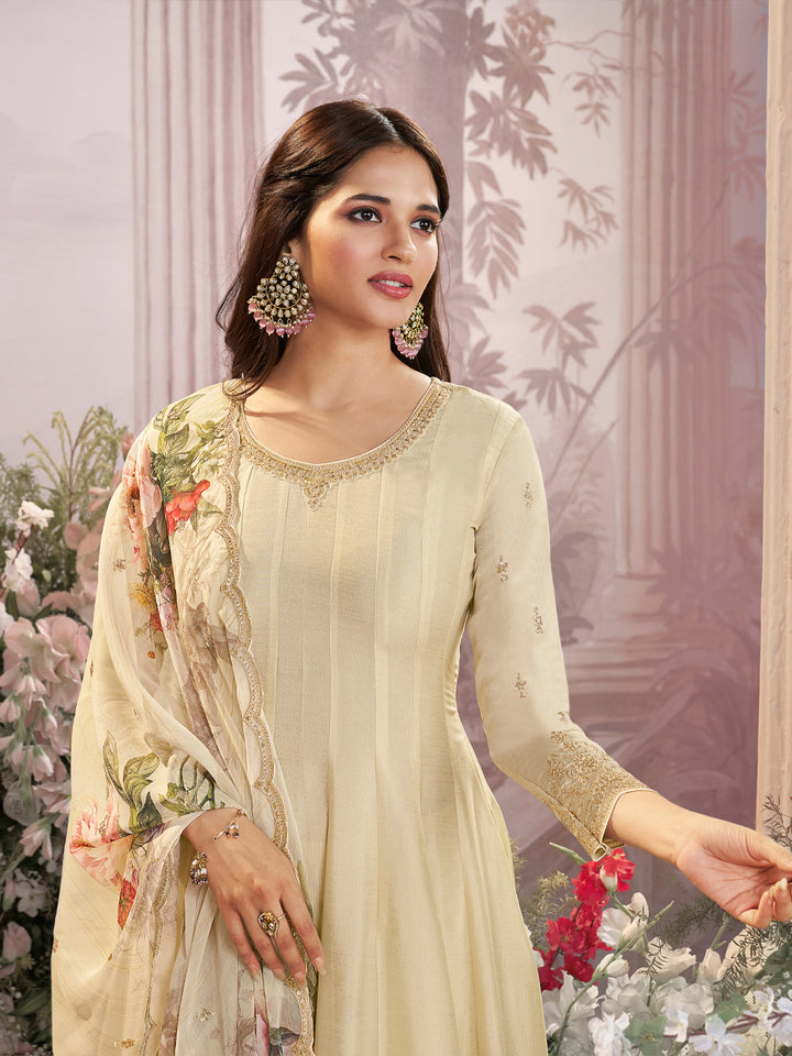 Off-White Vichitra Silk Embroidered Anarkali Set with Digital Printed Chiffon Dupatta