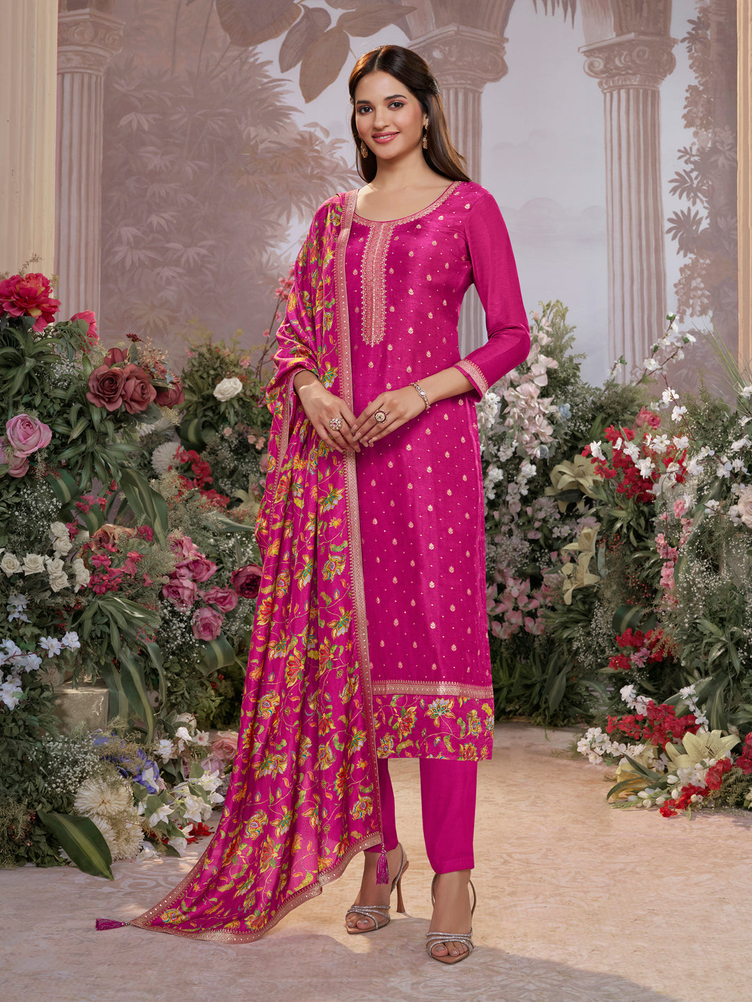 Pink Dola Silk Kurta Set with Jacquard Work, Paired with a Dola Silk Digital Printed Dupatta