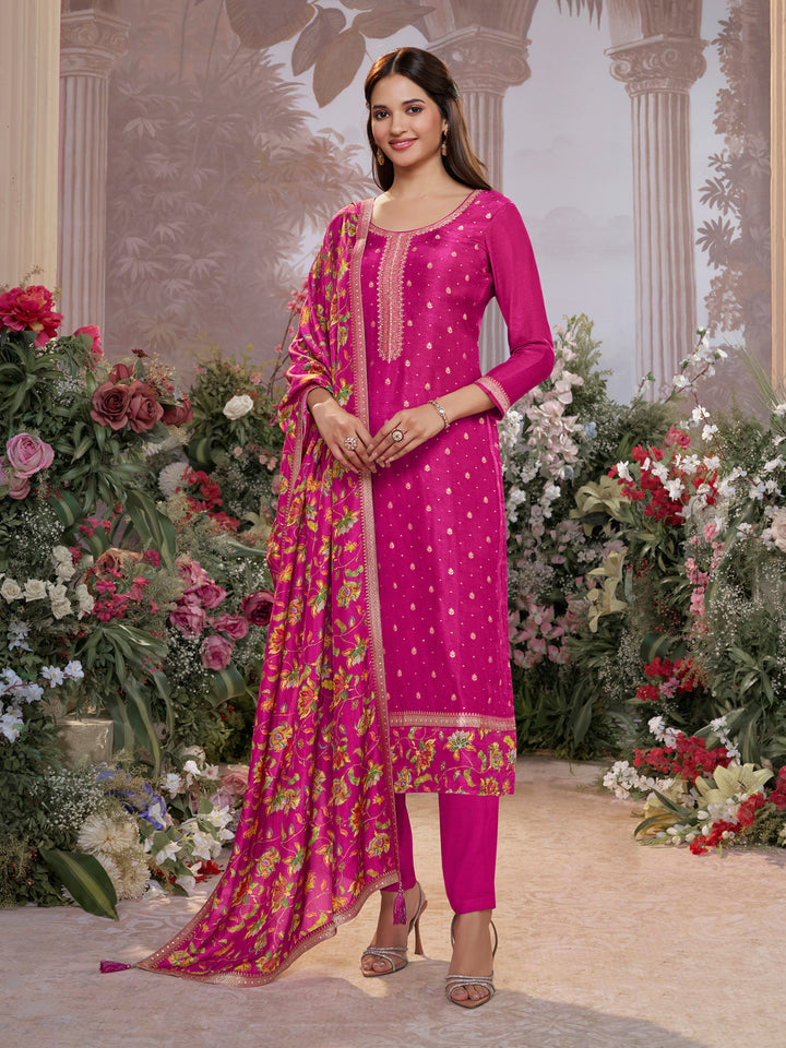 Pink Dola Silk Kurta Set with Jacquard Work, Paired with a Dola Silk Digital Printed Dupatta