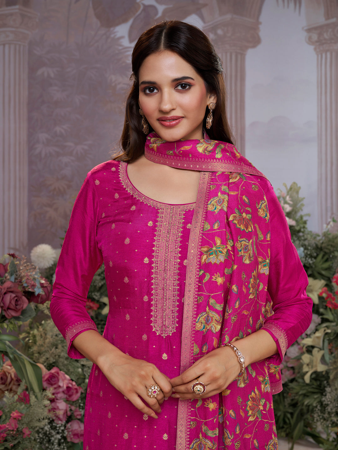 Pink Dola Silk Kurta Set with Jacquard Work, Paired with a Dola Silk Digital Printed Dupatta