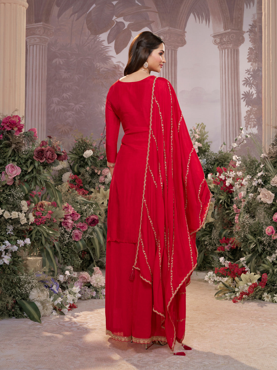 Red Dola Silk Meena Jacquard Kurta Set Paired With Embroidered Sharara Suit Set