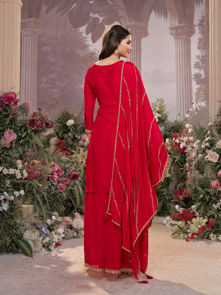 Red Dola Silk Meena Jacquard Kurta Set Paired With Embroidered Sharara Suit Set
