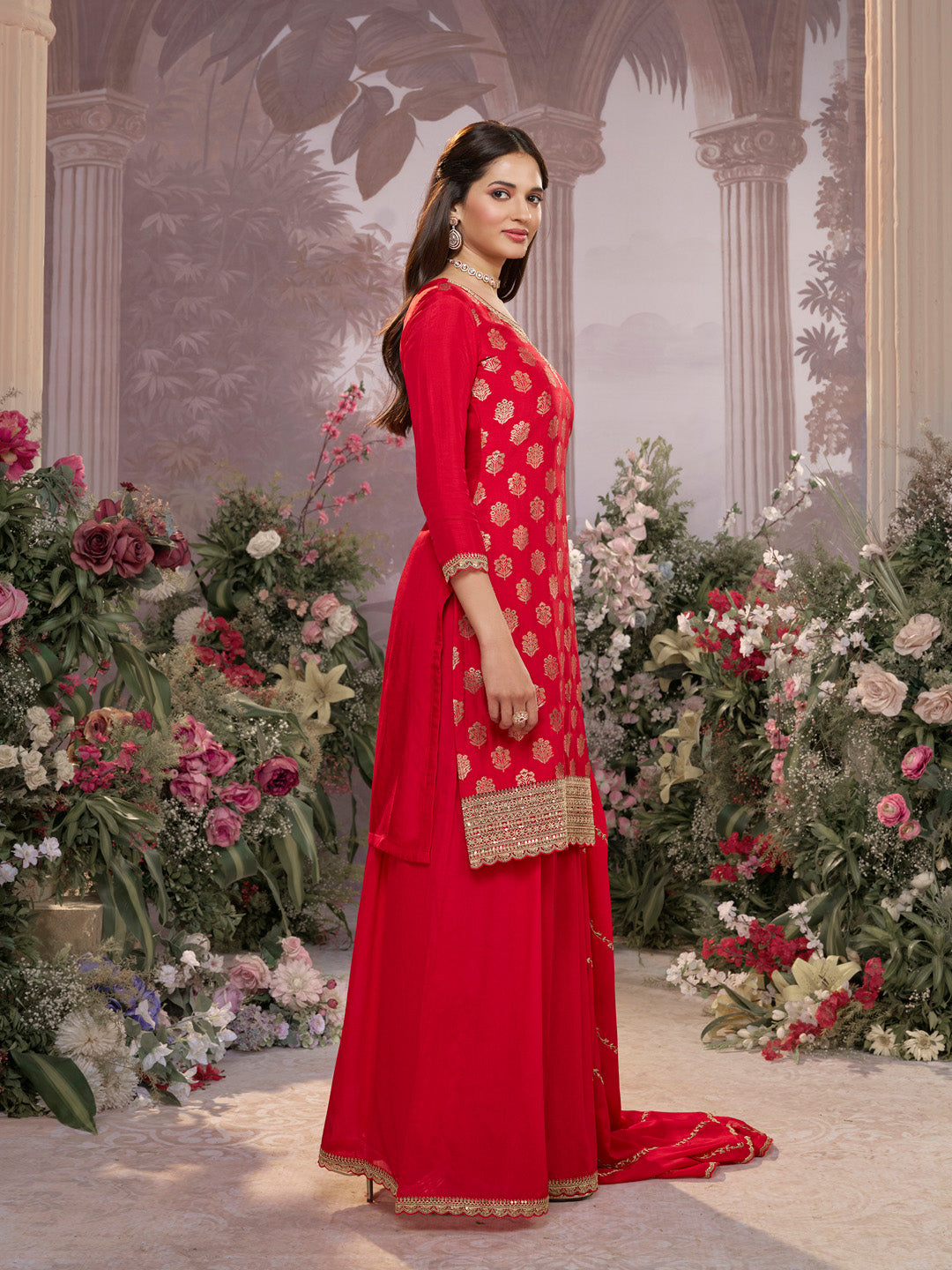 Red Dola Silk Meena Jacquard Kurta Set Paired With Embroidered Sharara Suit Set