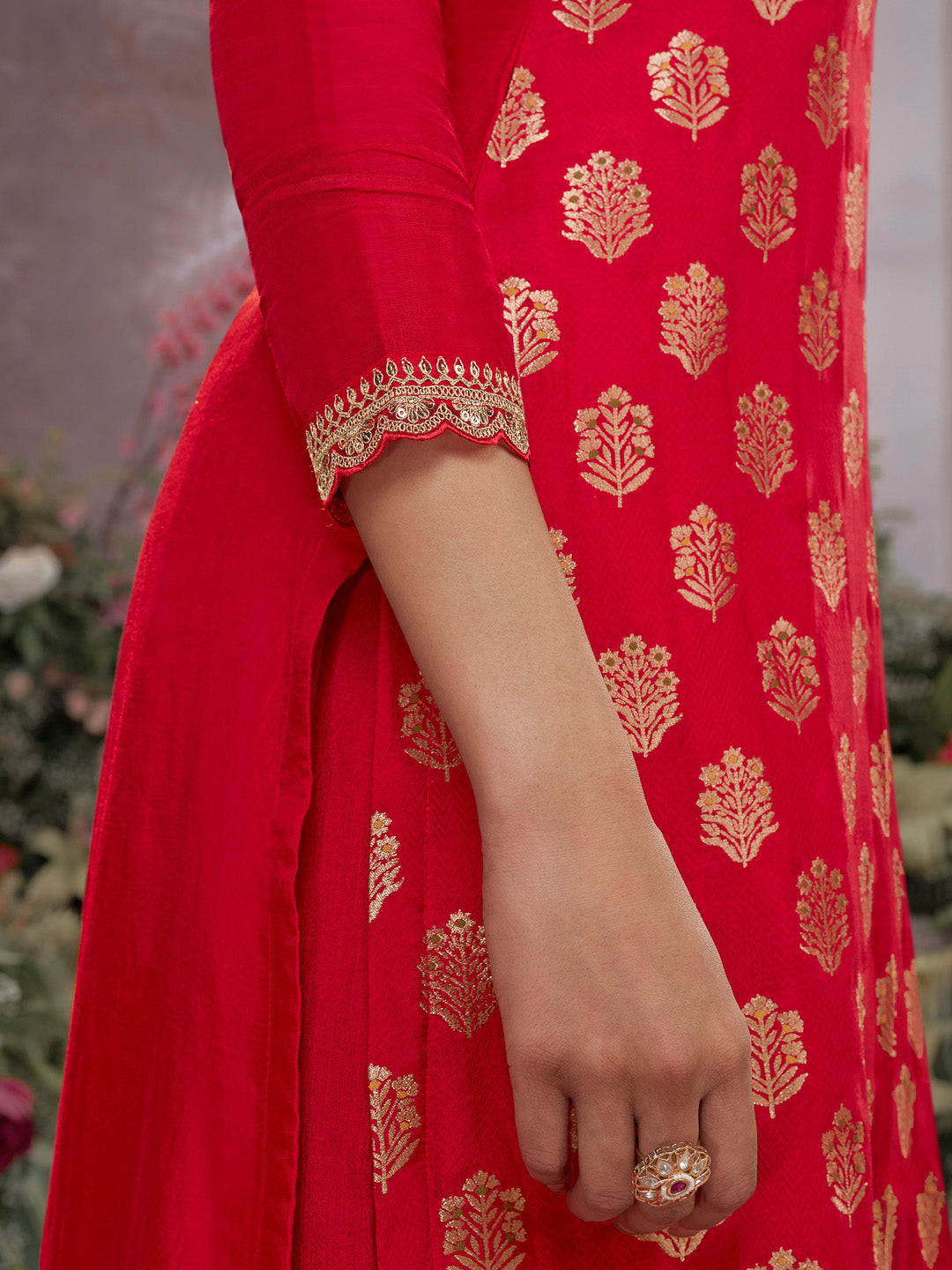 Red Dola Silk Meena Jacquard Kurta Set Paired With Embroidered Sharara Suit Set
