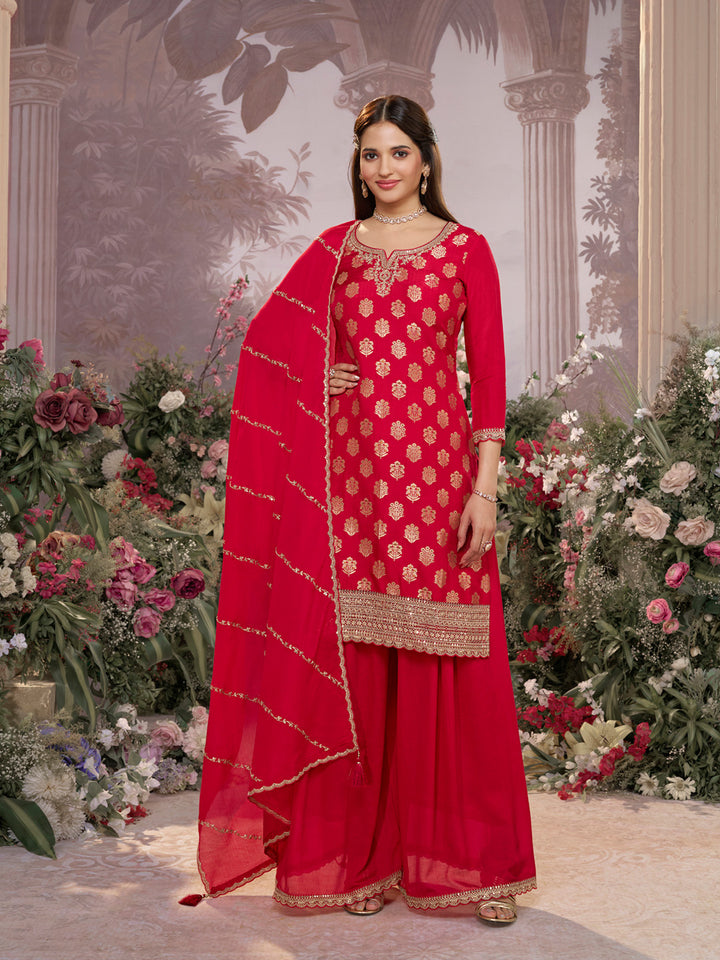 Red Dola Silk Meena Jacquard Kurta Set Paired With Embroidered Sharara Suit Set
