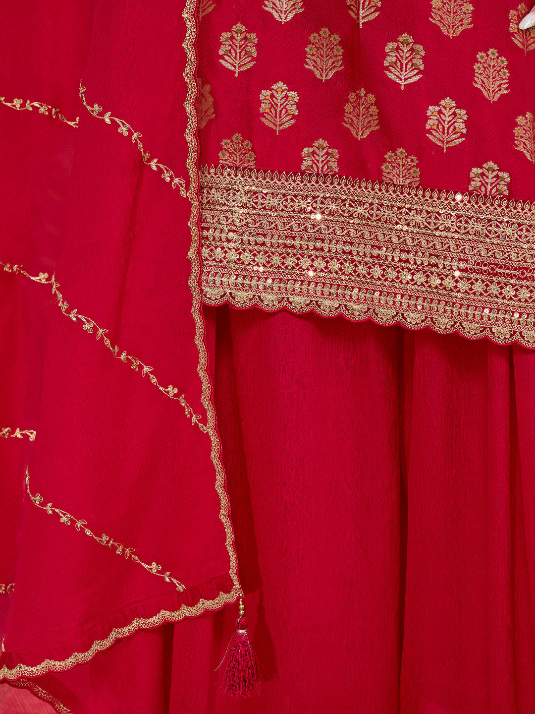 Red Dola Silk Meena Jacquard Kurta Set Paired With Embroidered Sharara Suit Set