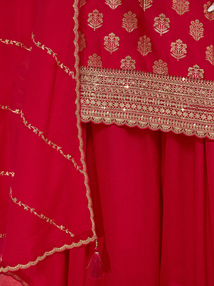 Red Dola Silk Meena Jacquard Kurta Set Paired With Embroidered Sharara Suit Set