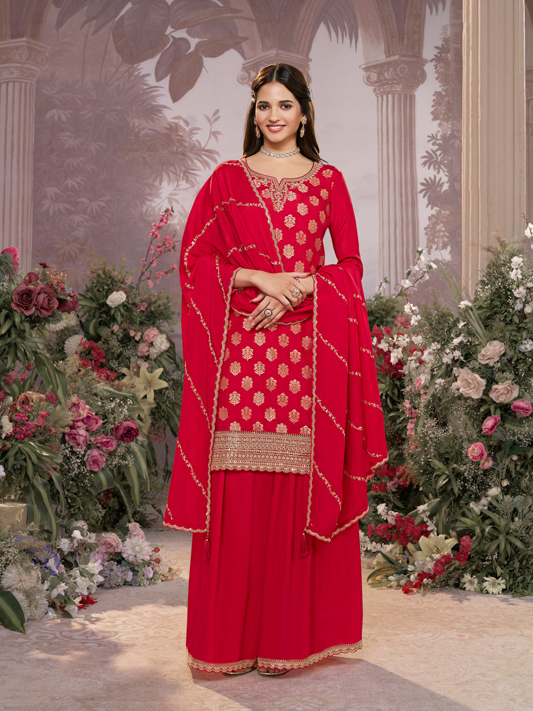 Red Dola Silk Meena Jacquard Kurta Set Paired With Embroidered Sharara Suit Set