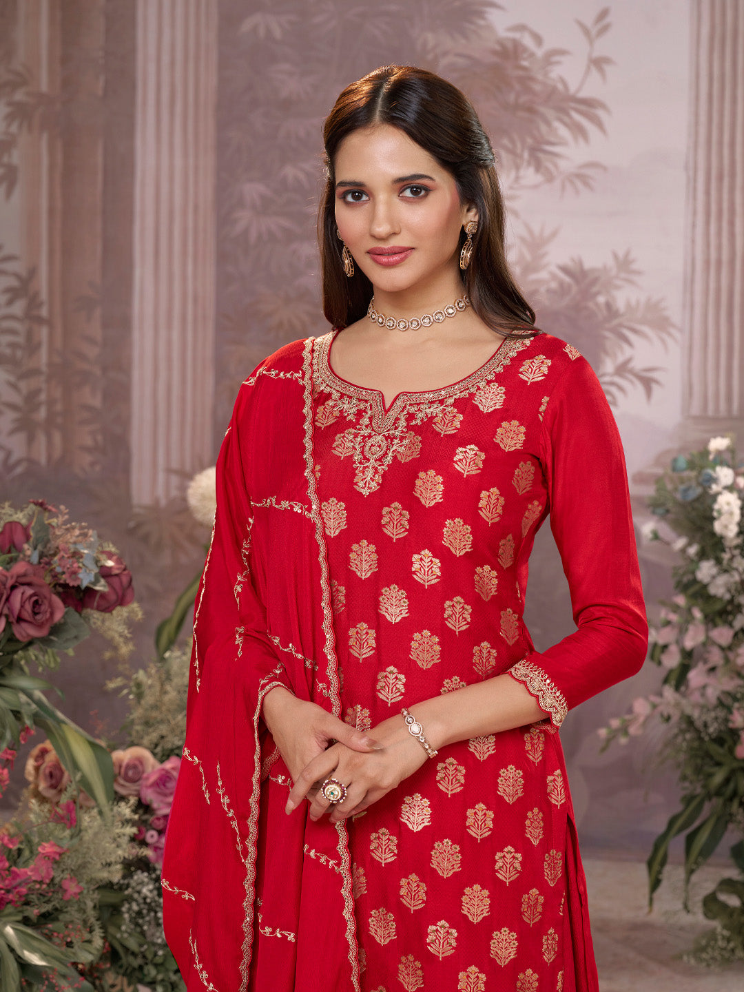 Red Dola Silk Meena Jacquard Kurta Set Paired With Embroidered Sharara Suit Set