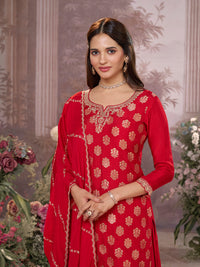 Red Dola Silk Meena Jacquard Kurta Set Paired With Embroidered Sharara Suit Set