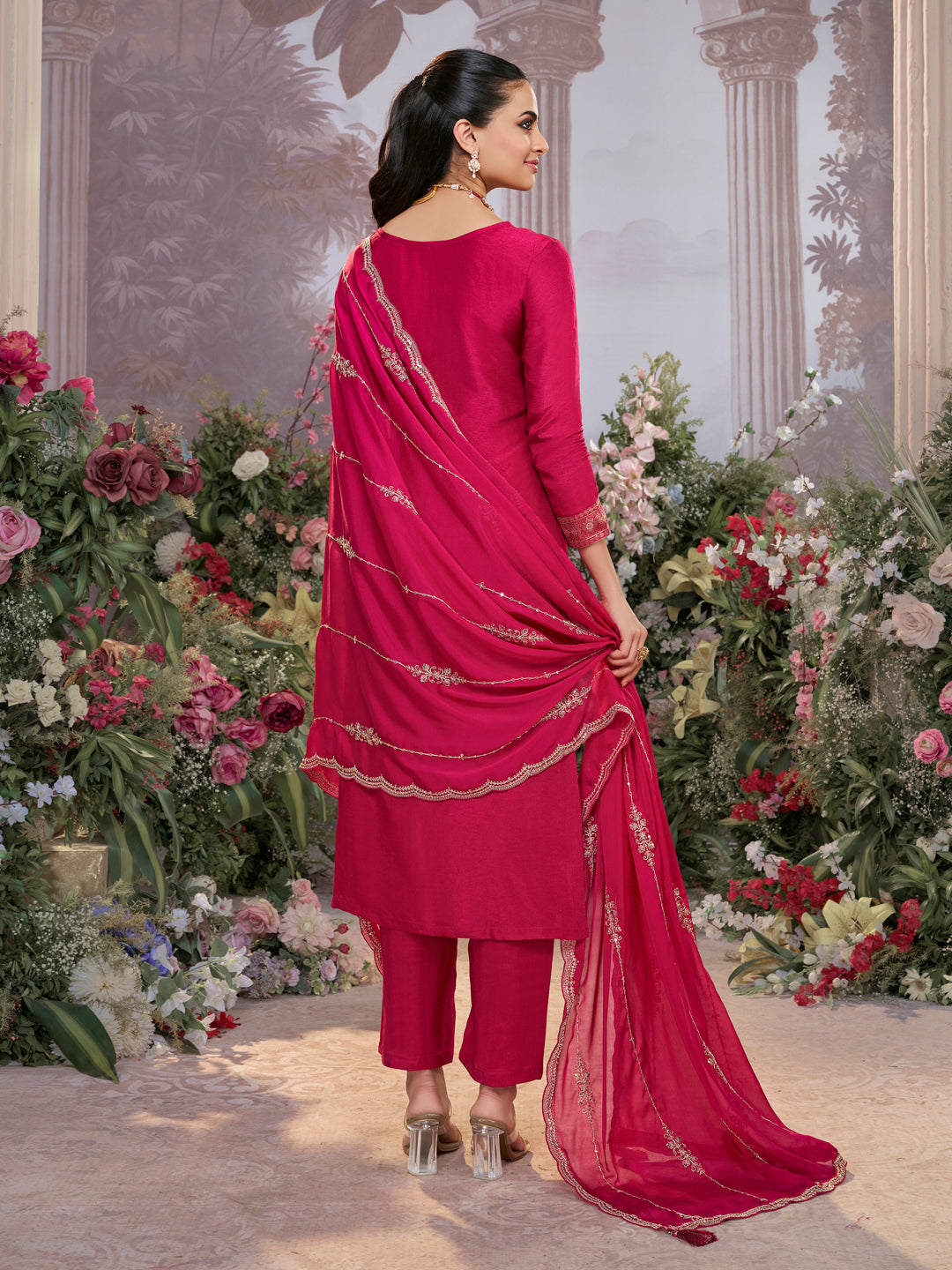 Pink Dola Silk Fabric Kurta with Embroidered & Jacquard Work Paired with Rangoli Fabric Dupatta with Patterned Sequins Work.