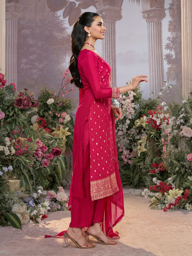 Pink Dola Silk Fabric Kurta with Embroidered & Jacquard Work Paired with Rangoli Fabric Dupatta with Patterned Sequins Work
