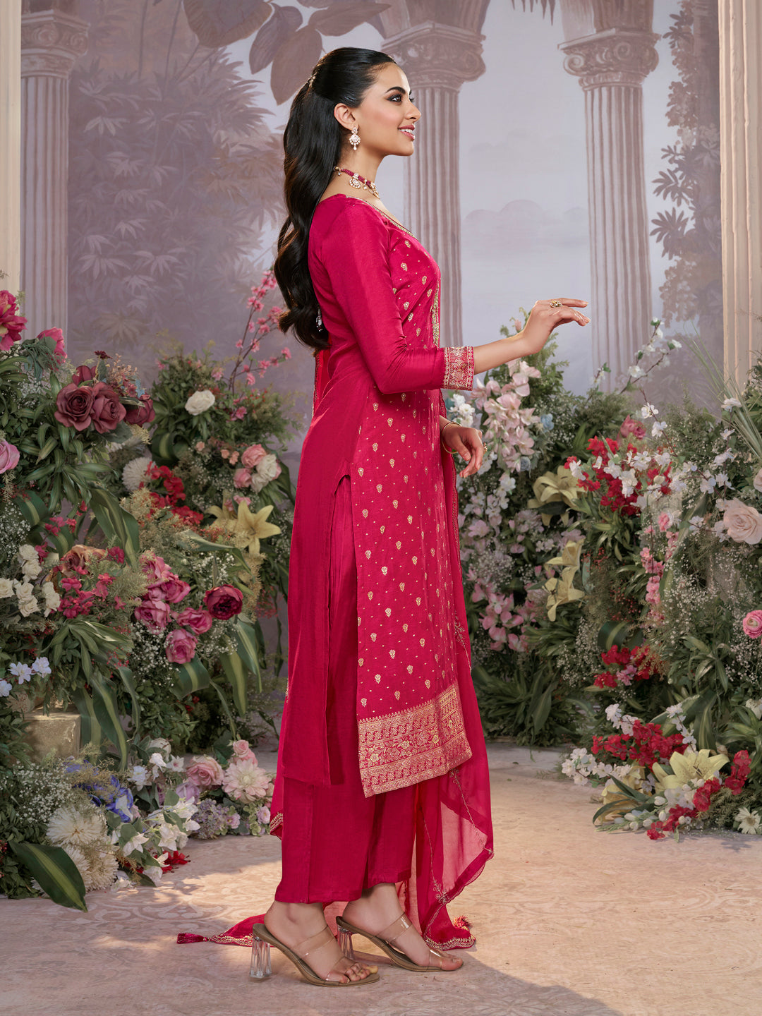 Pink Dola Silk Fabric Kurta with Embroidered & Jacquard Work Paired with Rangoli Fabric Dupatta with Patterned Sequins Work.