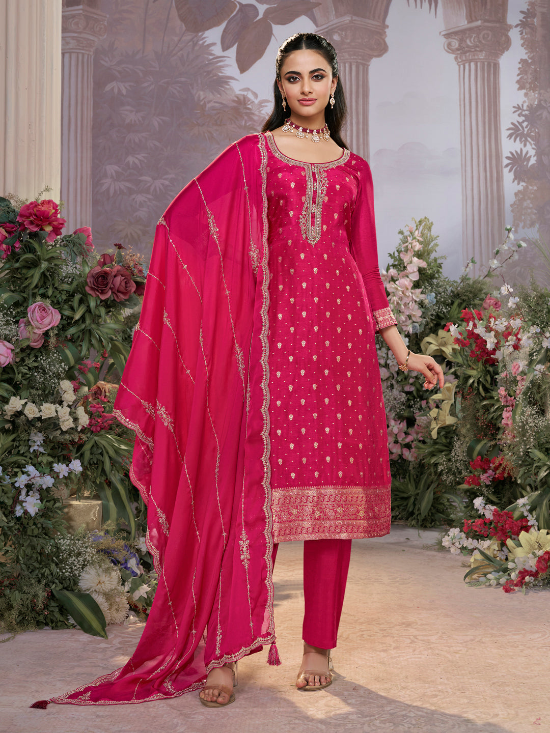 Pink Dola Silk Fabric Kurta with Embroidered & Jacquard Work Paired with Rangoli Fabric Dupatta with Patterned Sequins Work.
