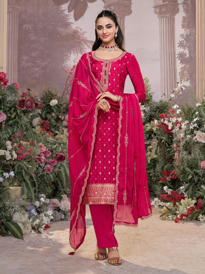 Pink Dola Silk Fabric Kurta with Embroidered & Jacquard Work Paired with Rangoli Fabric Dupatta with Patterned Sequins Work