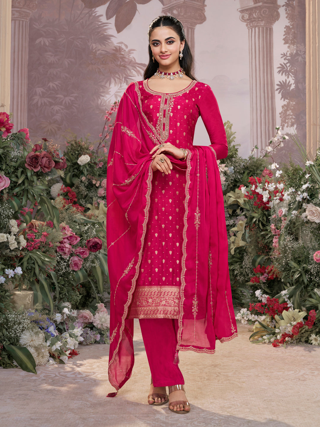 Pink Dola Silk Fabric Kurta with Embroidered & Jacquard Work Paired with Rangoli Fabric Dupatta with Patterned Sequins Work.