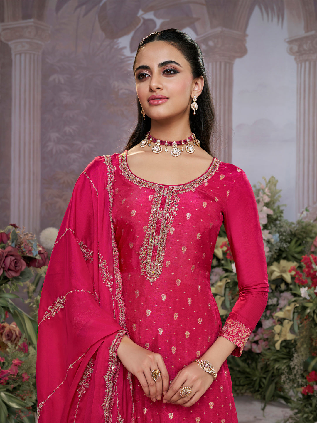 Pink Dola Silk Fabric Kurta with Embroidered & Jacquard Work Paired with Rangoli Fabric Dupatta with Patterned Sequins Work.