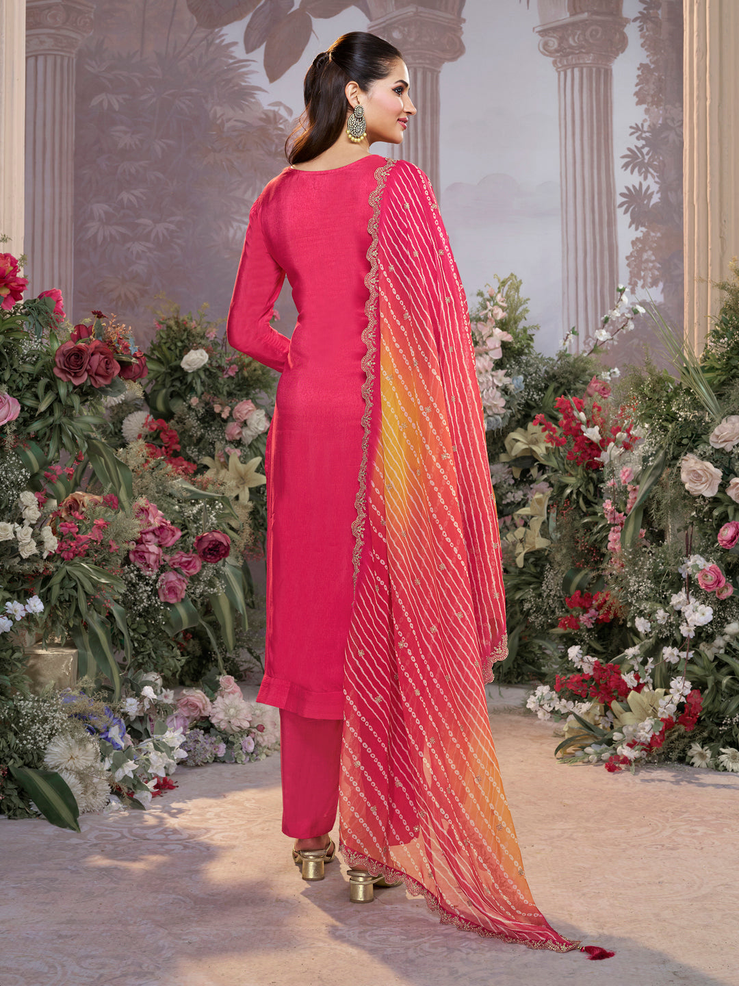 Red Dola Silk Kurta Set with Embroidered Work Paired with Chiffon Dupatta with Digital Print Work