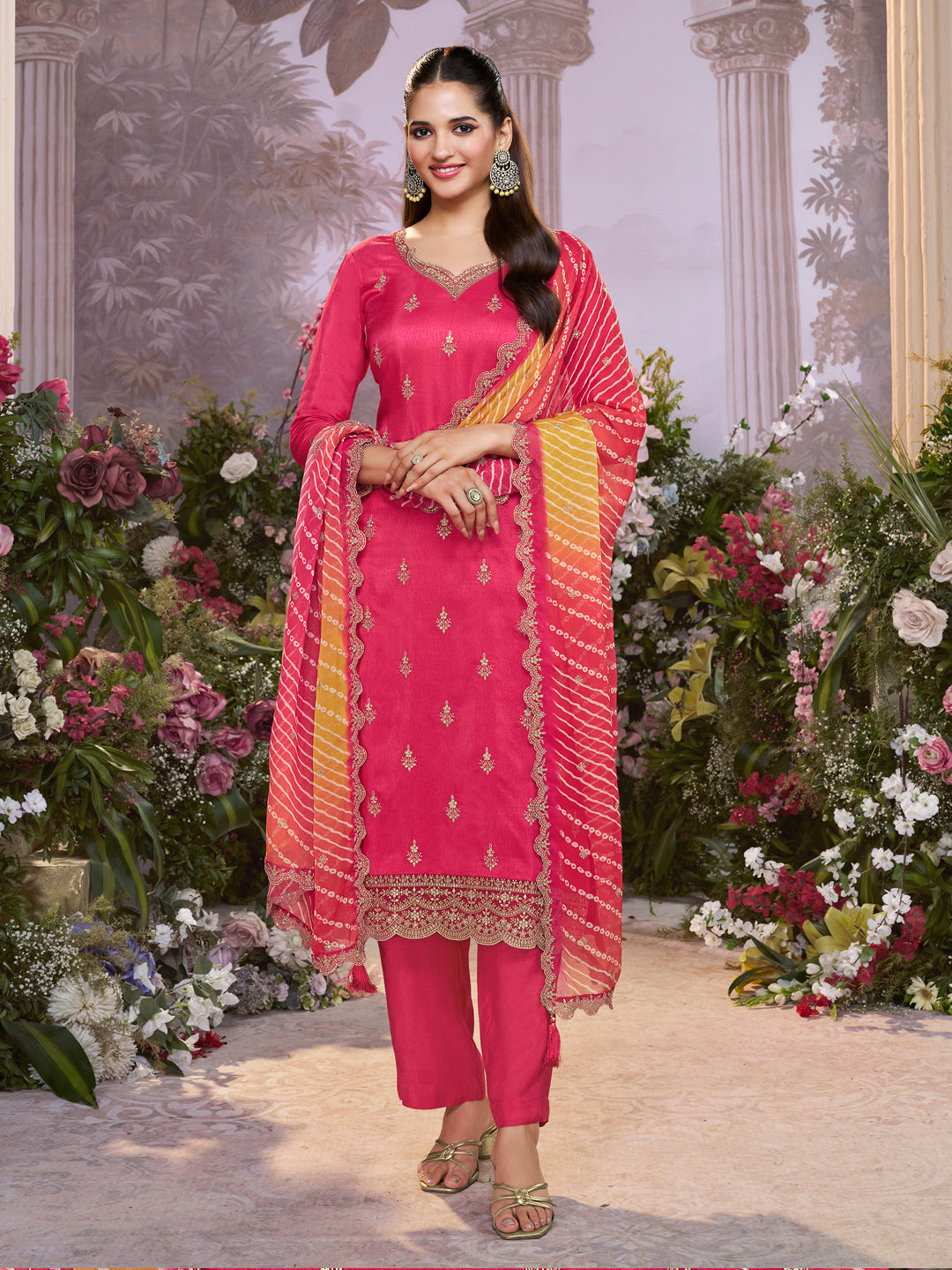 Red Dola Silk Kurta Set with Embroidered Work Paired with Chiffon Dupatta with Digital Print Work