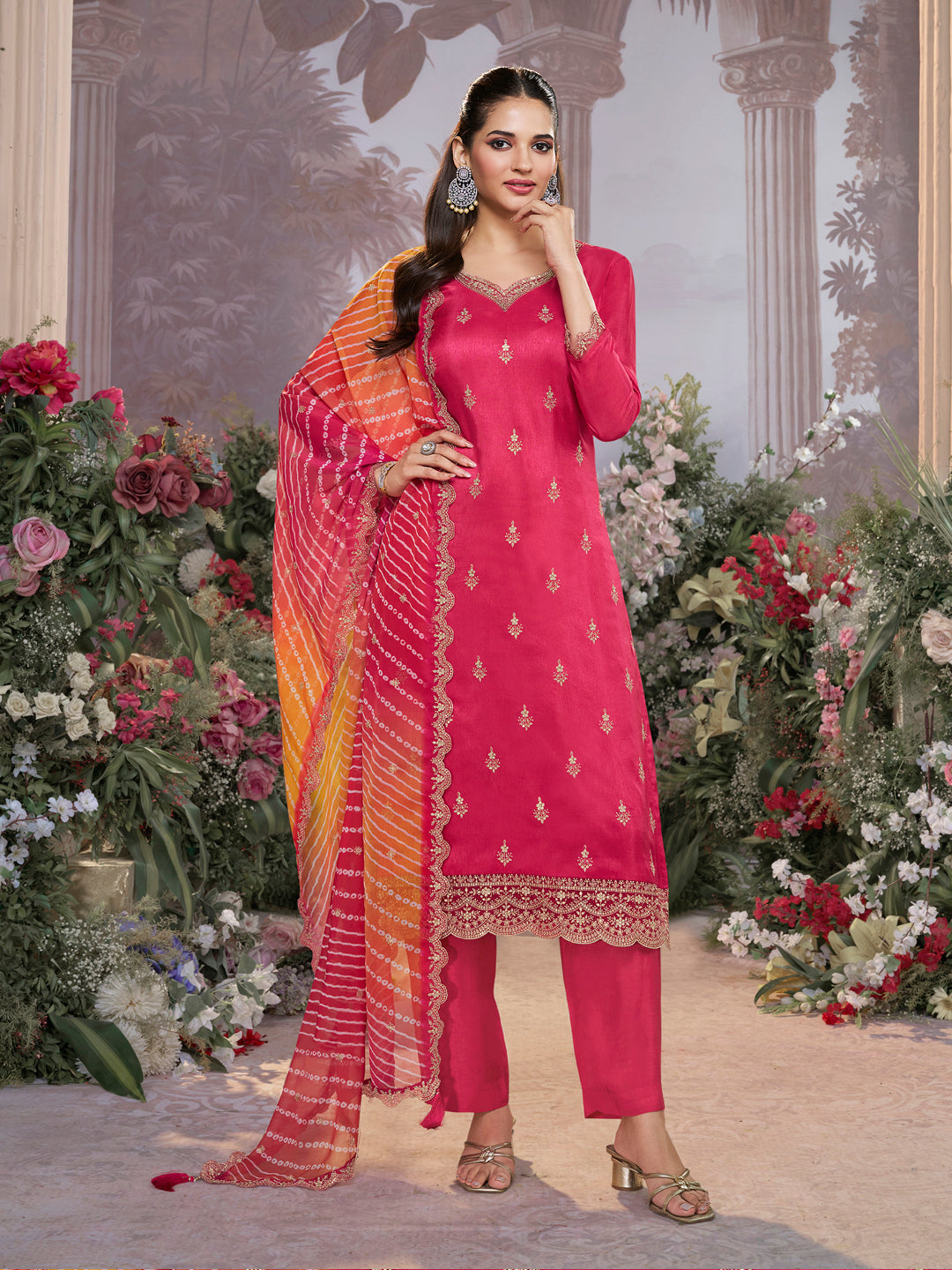 Red Dola Silk Kurta Set with Embroidered Work Paired with Chiffon Dupatta with Digital Print Work