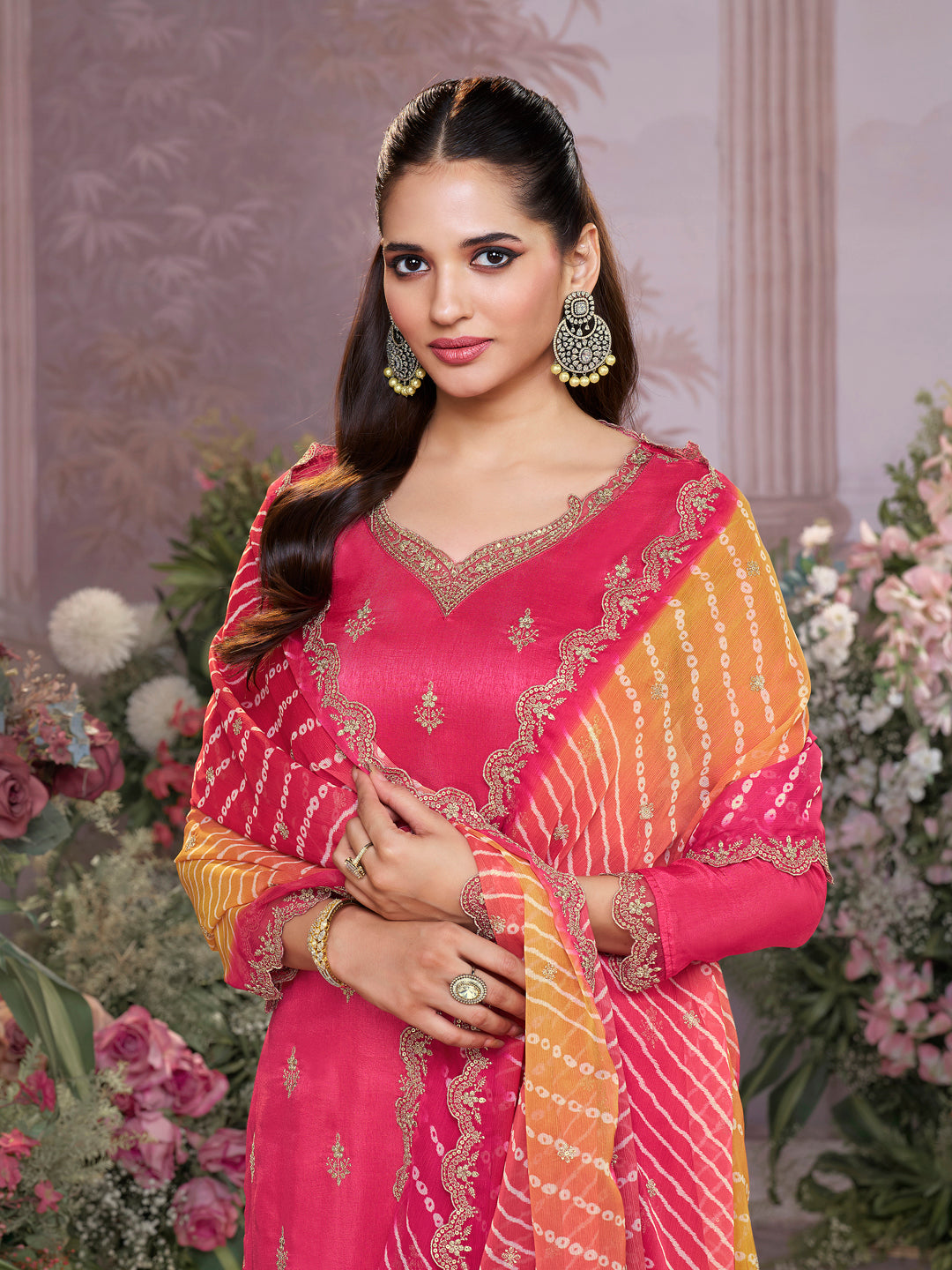 Red Dola Silk Kurta Set with Embroidered Work Paired with Chiffon Dupatta with Digital Print Work