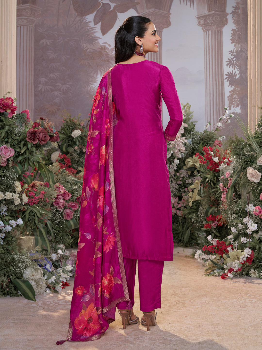Purple Dola Silk Kurta Set with Jacquard Work, Paired with a Dola Silk Digital Printed Dupatta