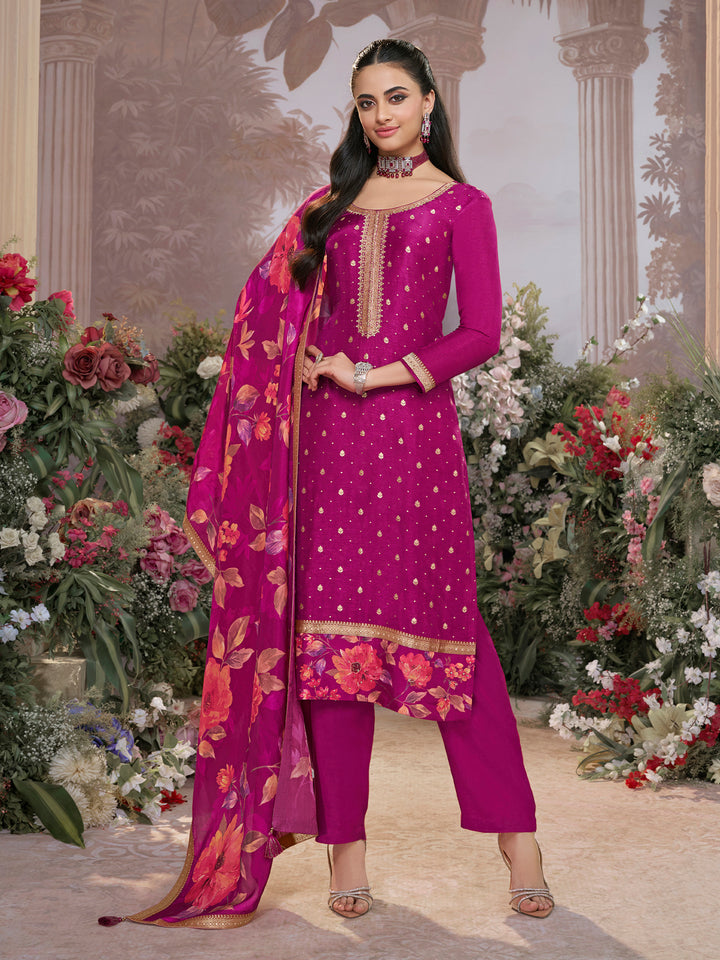 Purple Dola Silk Kurta Set with Jacquard Work, Paired with a Dola Silk Digital Printed Dupatta